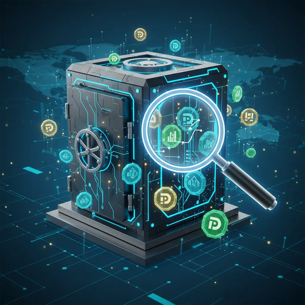 Stylized digital vault with glowing DePIN tokens and magnifying glass