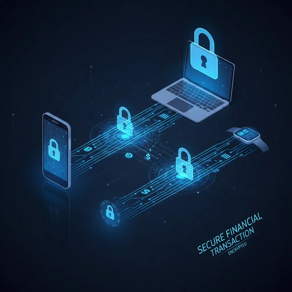 Abstract graphic of secure data flow between devices with padlock icons