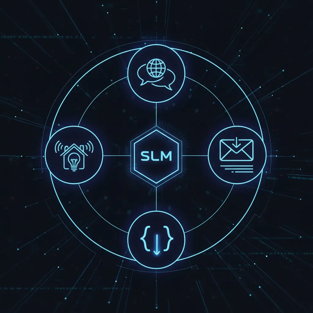 A collage of icons representing SLM applications like instant language translation, smart home control, and personalized content summaries.