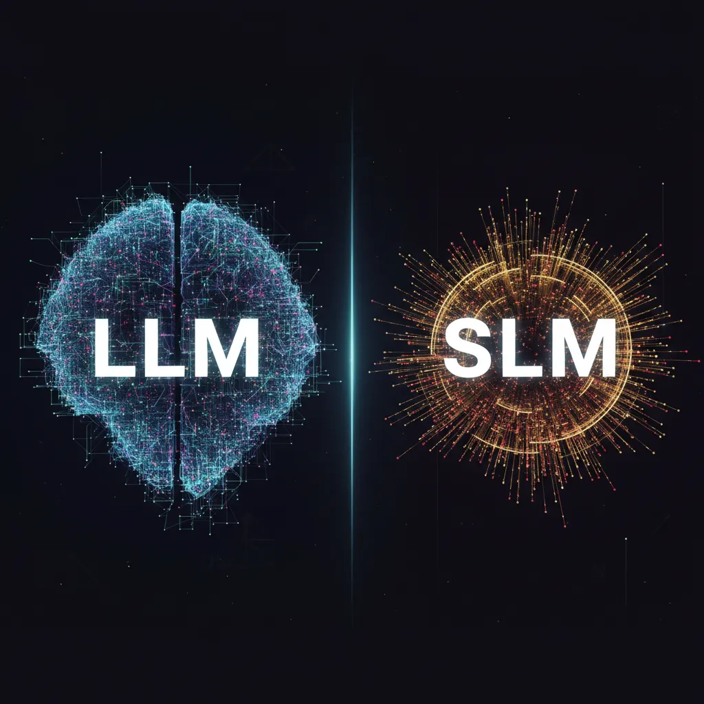 A visual comparison showing a large, complex brain network labeled LLM next to a smaller, more efficient one labeled SLM.