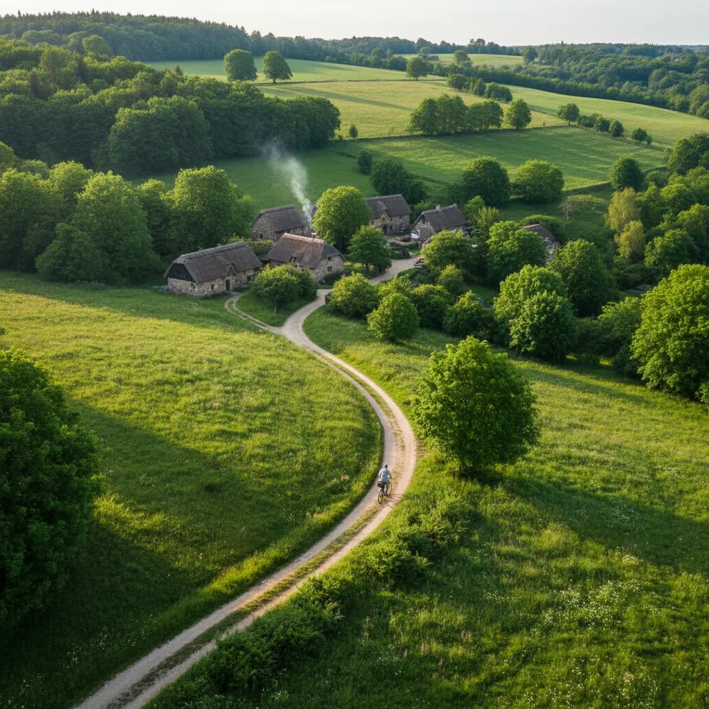Person cycling through a beautiful, uncrowded rural landscape, promoting slow travel.