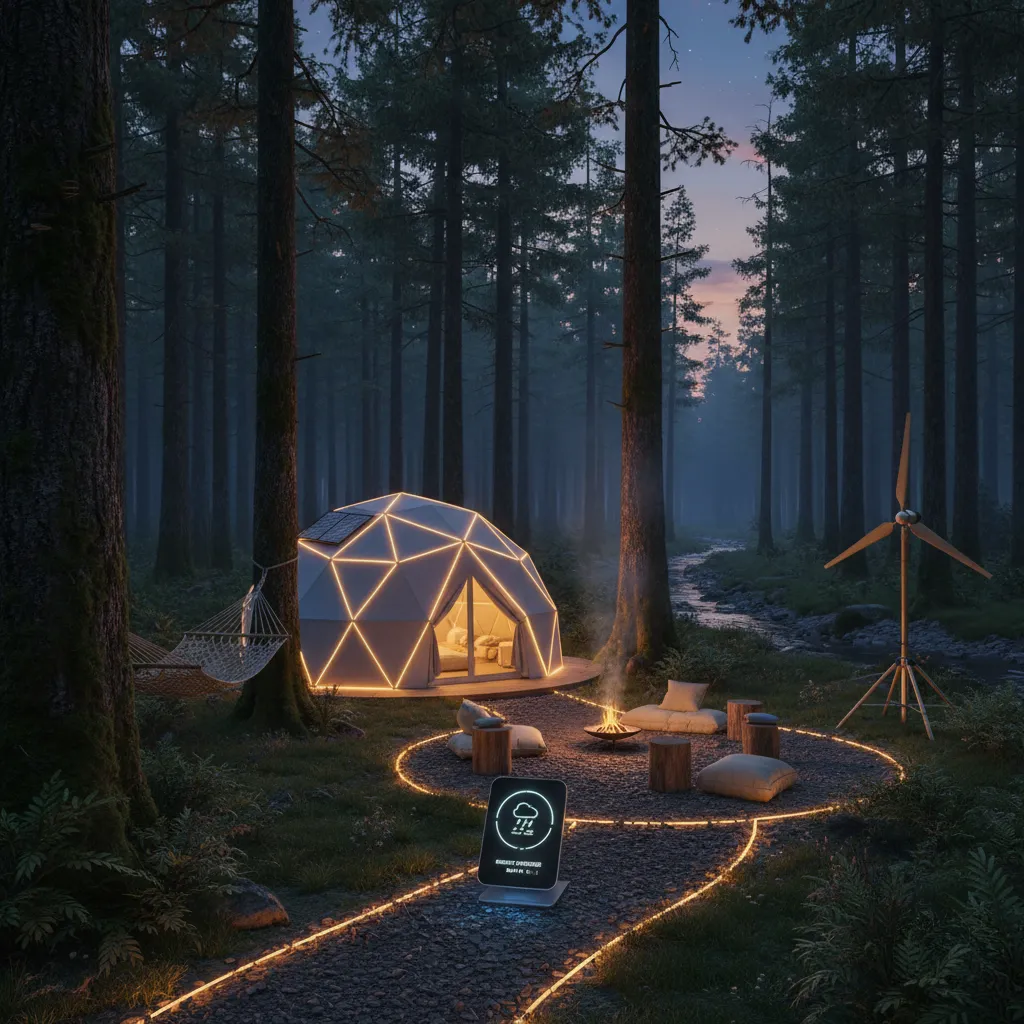 AI-powered device at an eco-friendly campsite at dusk