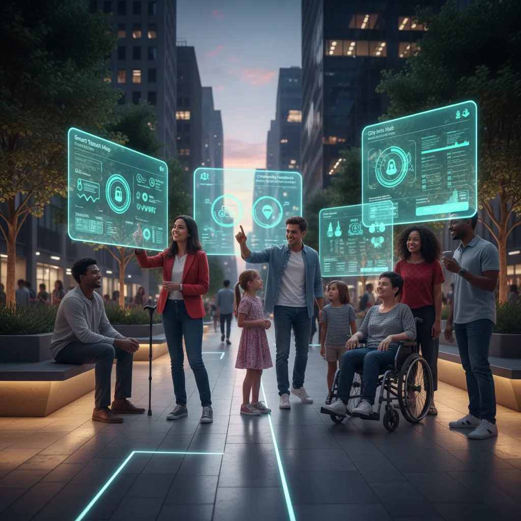City residents interacting with holographic interfaces for smart city services