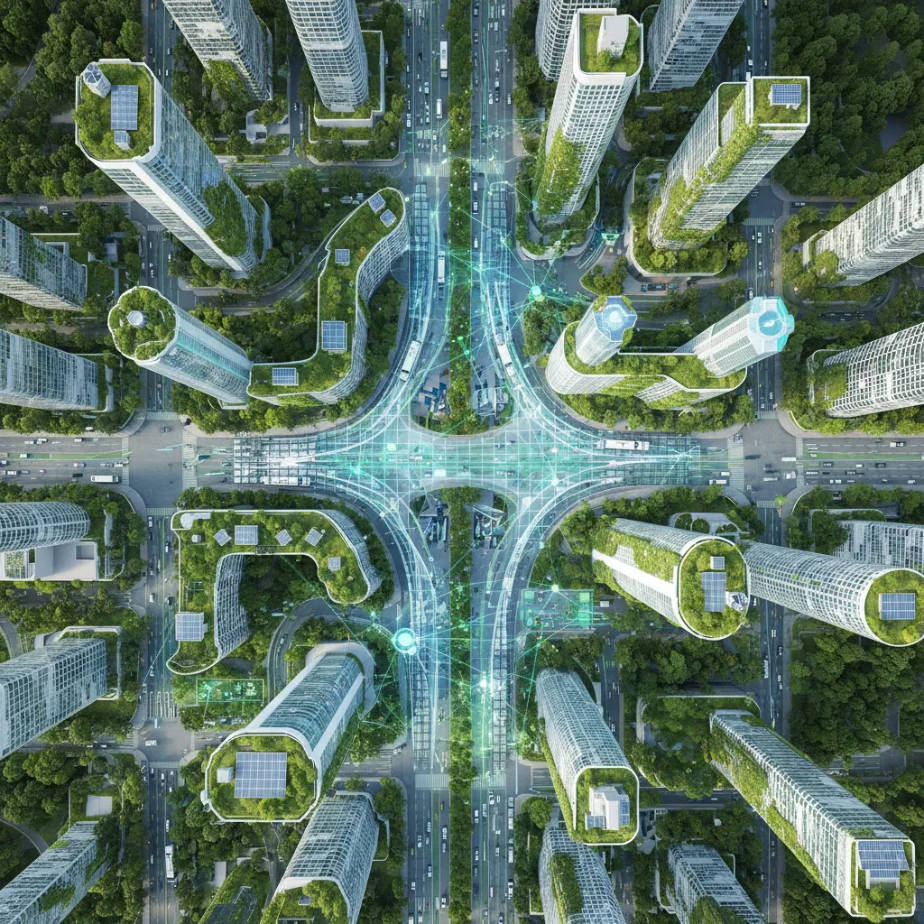 Aerial view of an AI-optimized smart city with green infrastructure and electric vehicles