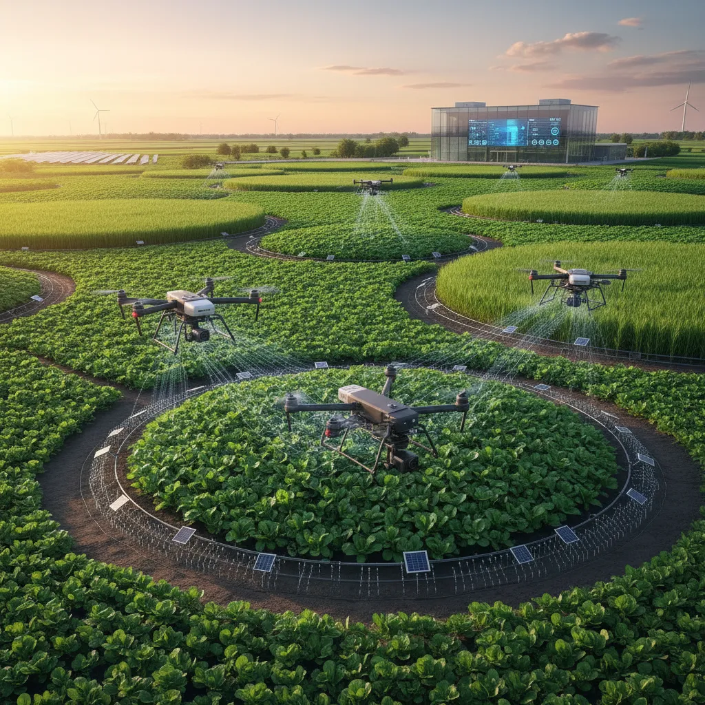 AI-powered drones and automated irrigation systems in a smart farm