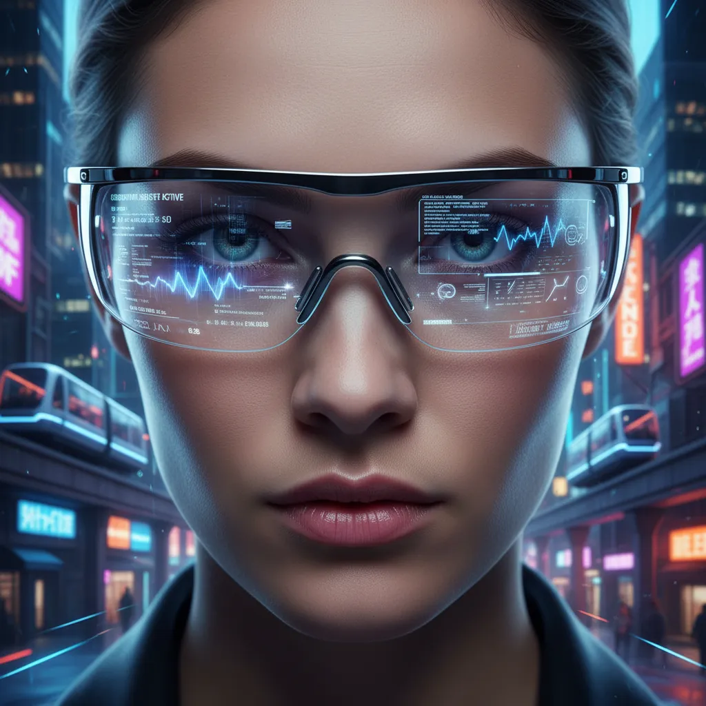 Person wearing sleek smart glasses with an augmented reality display showing data overlays.