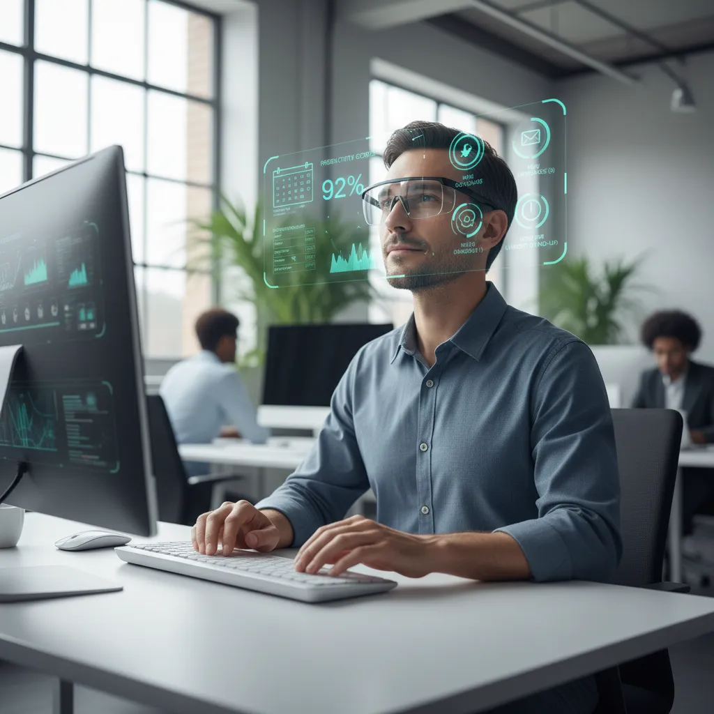 Person in AI smart glasses with digital overlays in office