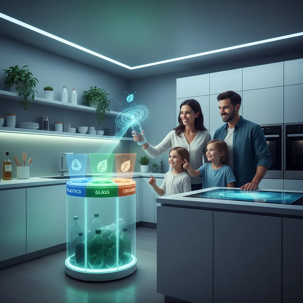 A sleek, futuristic smart bin in a modern kitchen, with glowing blue light signifying its AI-powered sorting capabilities.