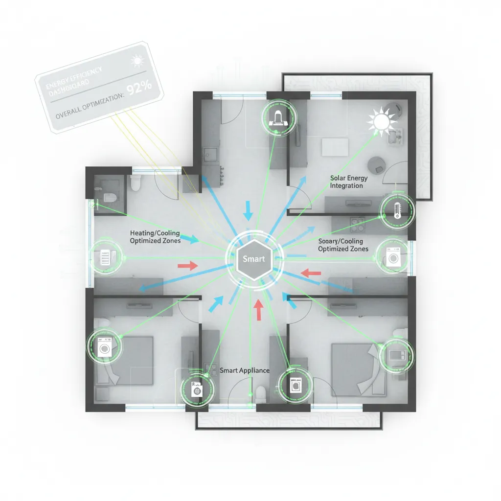 Overhead schematic view of a home showing how an AI system intelligently directs energy flow from solar panels, the grid, and a battery to various smart appliances.