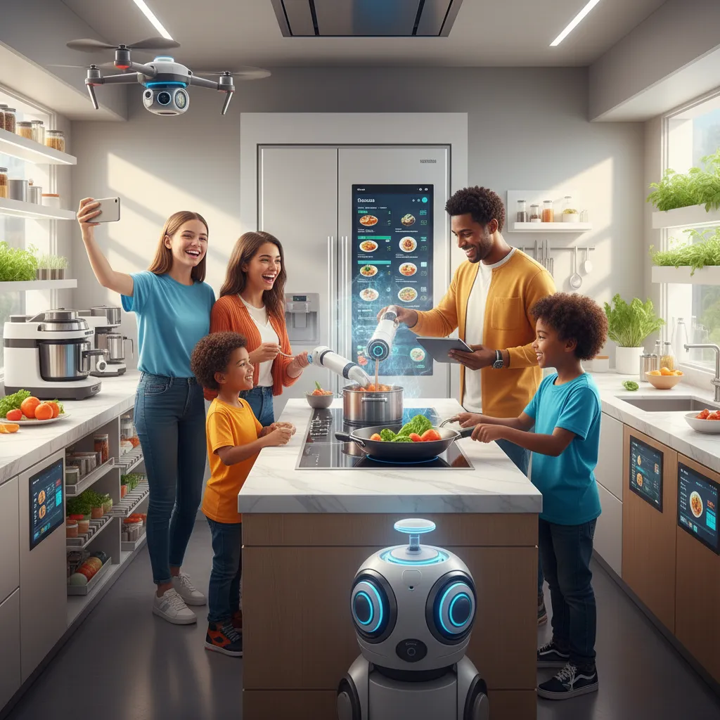 Family in smart kitchen with AI appliances