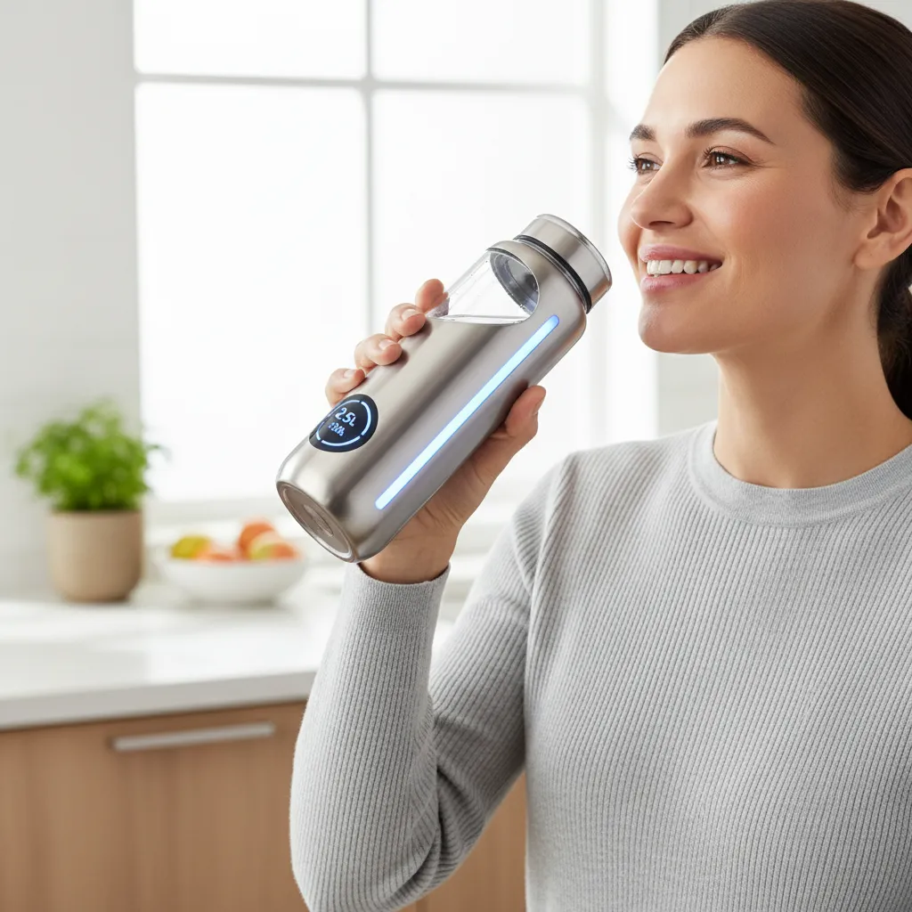 Person drinking from smart reusable water bottle