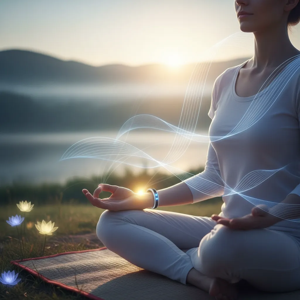 Person meditating while wearing a smart ring, showing calmness and mental well-being data.