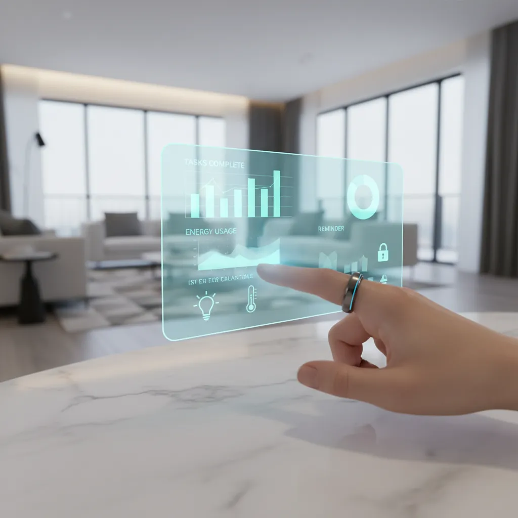 Hand with smart ring interacting with holographic productivity interface