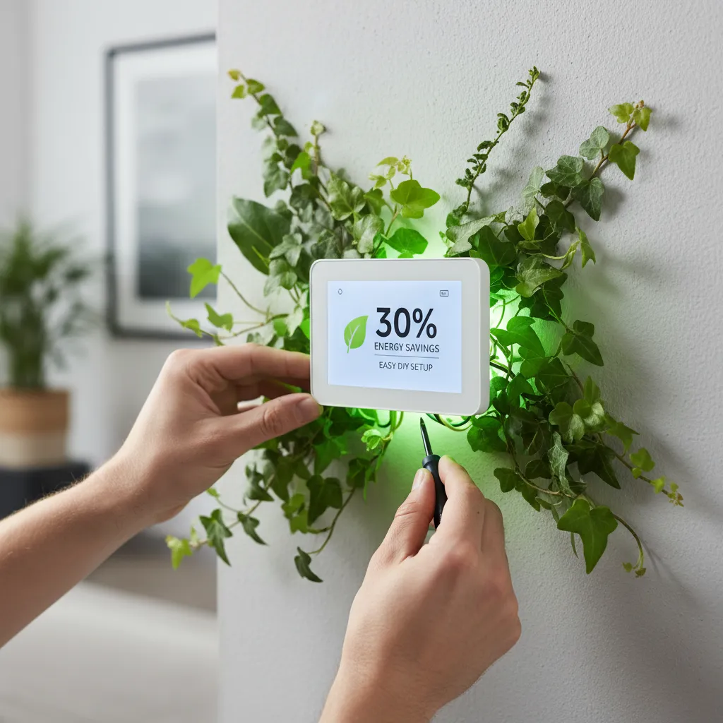 A person's hands installing a sleek, modern smart thermostat on a wall.