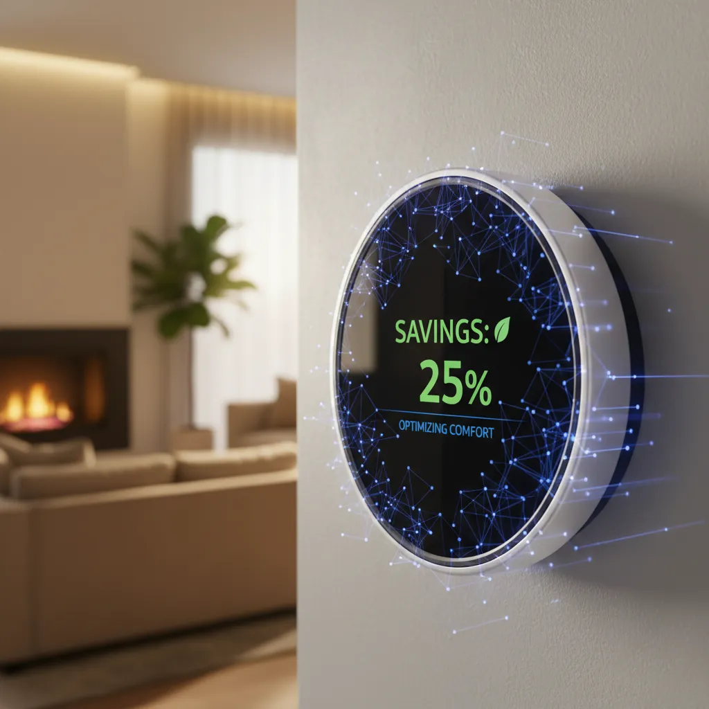 Smart thermostat with AI showing energy savings