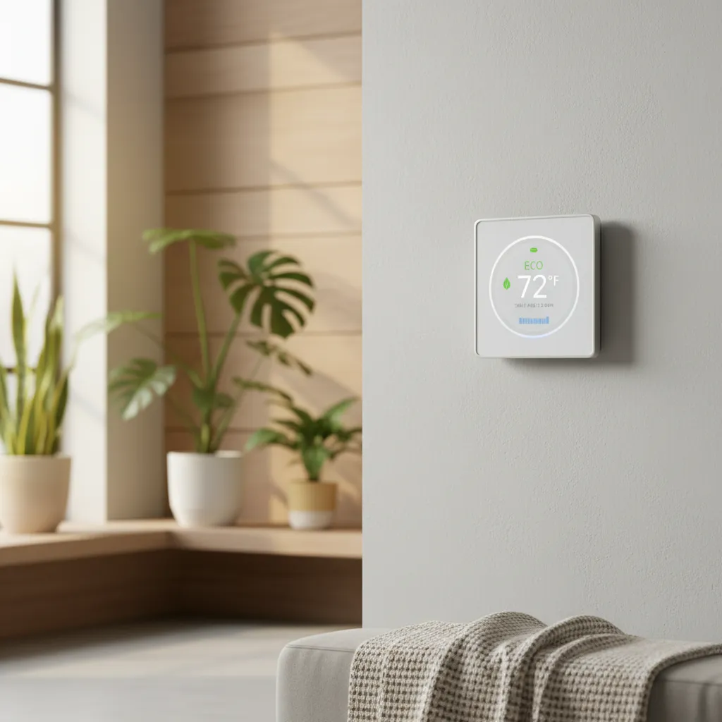 Smart thermostat displaying energy savings
