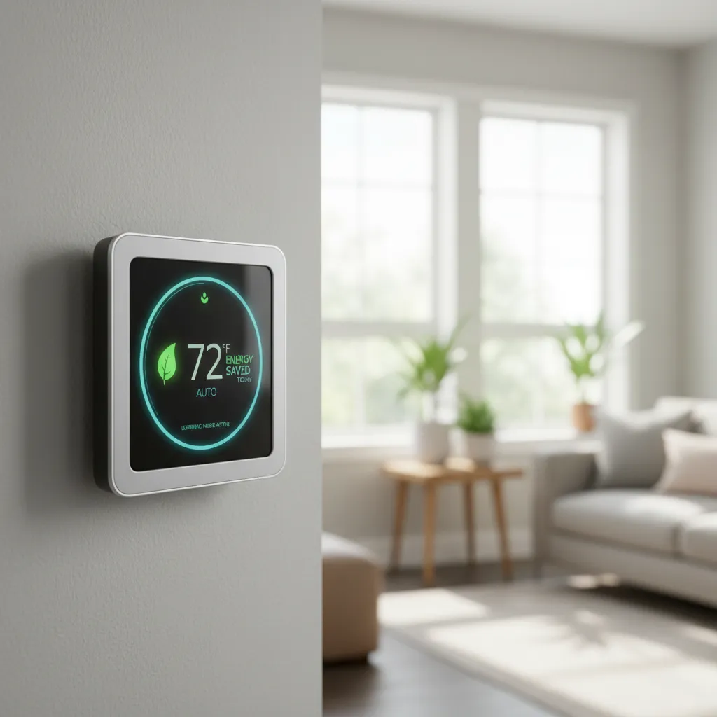 AI-powered smart thermostat displaying energy savings on a sleek wall interface