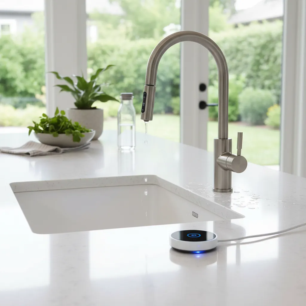 Smart faucet and water leak detector in a modern bathroom, emphasizing water conservation.