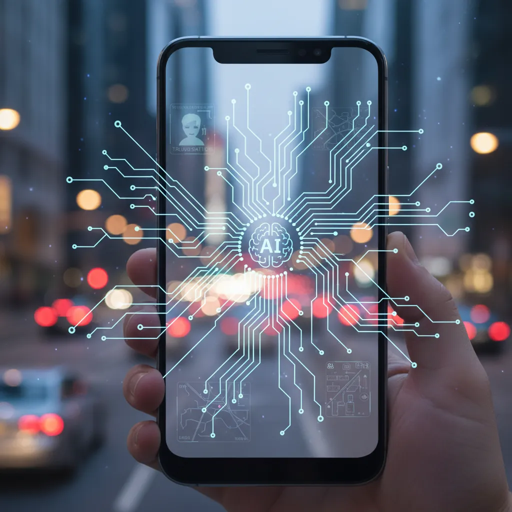 A smartphone displaying an AI interface overlaying a bustling city street, symbolizing on-device AI processing in real-time.