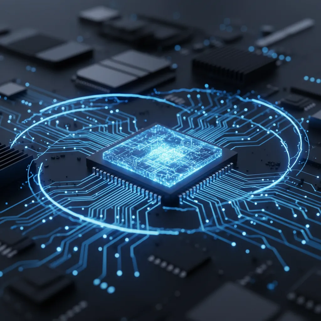 The powerful Snapdragon X Elite chip with glowing circuitry lines symbolizing performance.