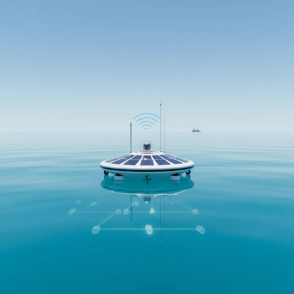 Solar-powered buoy with AI sensors detecting plastic waste