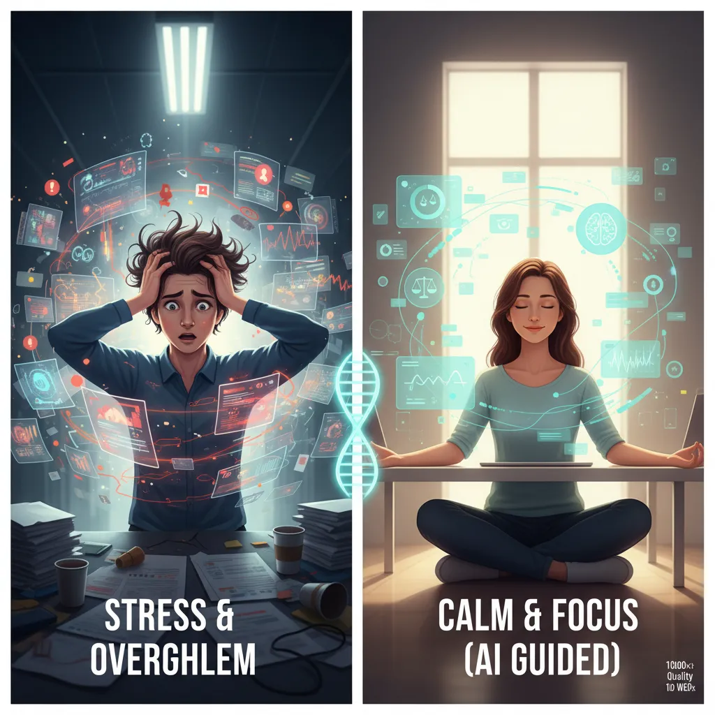 Contrast of stressed and calm person with AI guidance