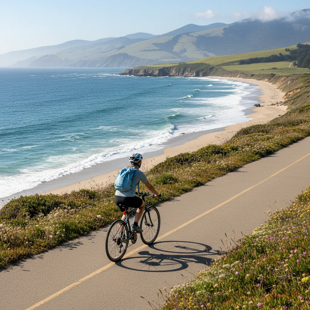 Person cycling along a scenic coastal path.