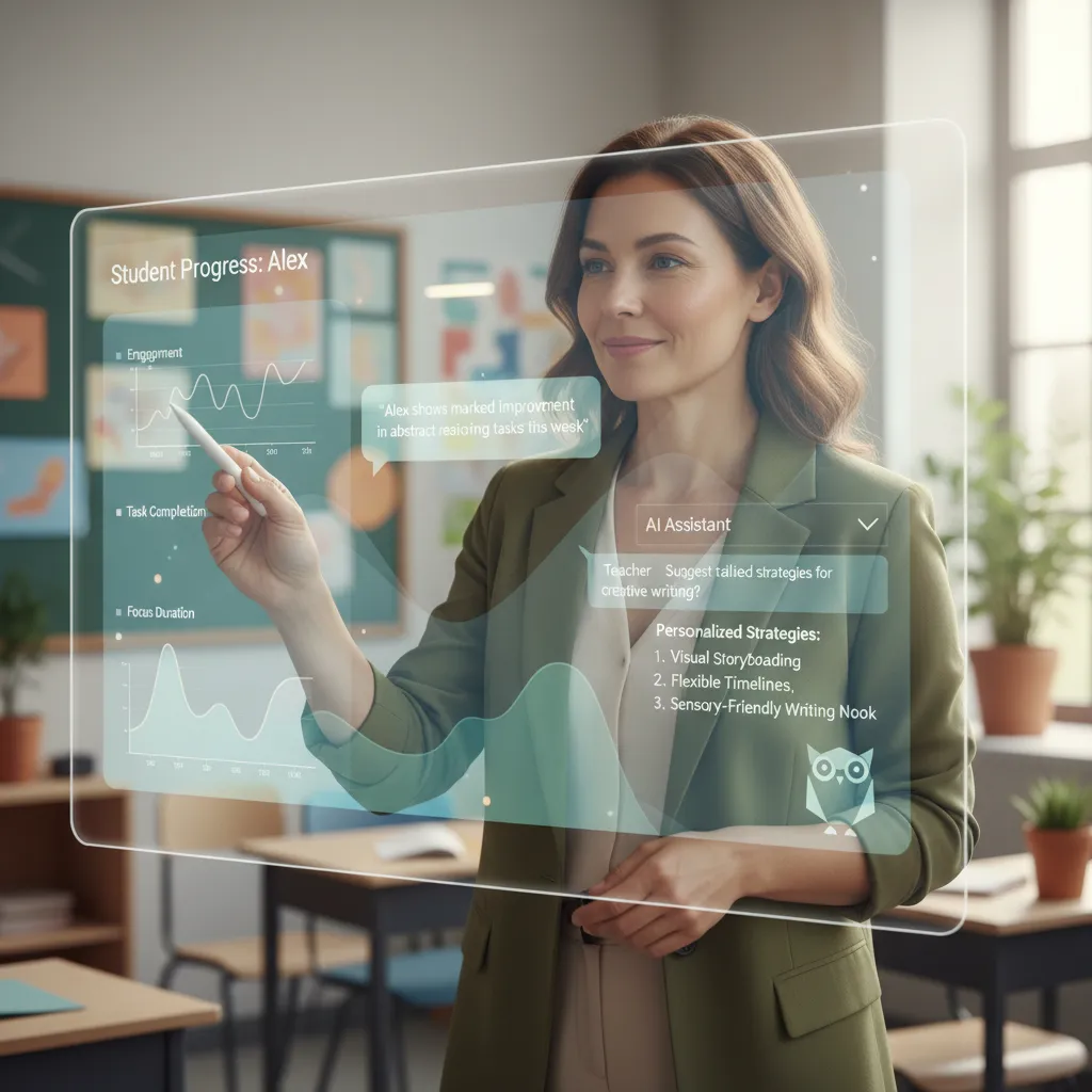 A teacher collaborating with an AI dashboard on a large screen to create inclusive learning strategies for the classroom