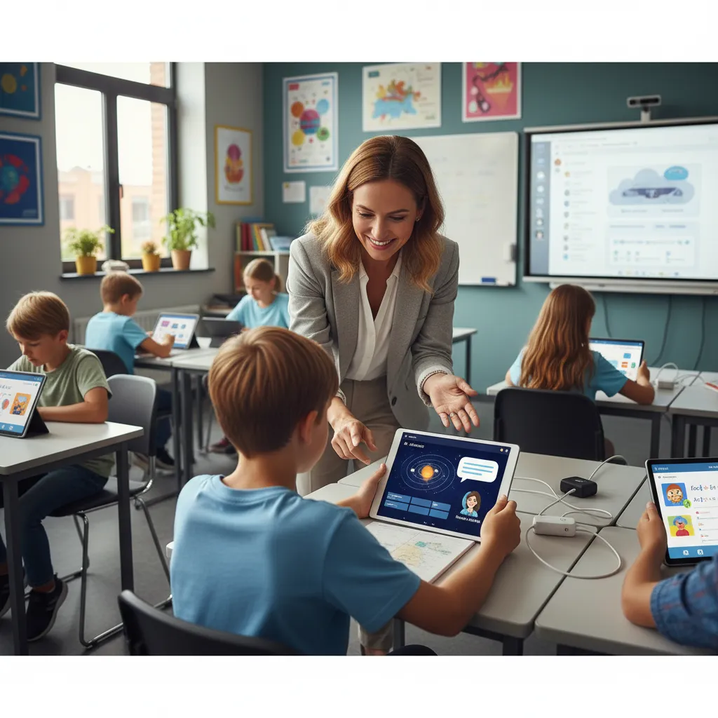 A teacher in a modern classroom uses a tablet to monitor an AI-driven lesson, while students engage with adaptive content on their own devices.