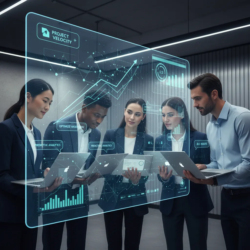 Diverse business team collaborating with Copilot+ AI laptops and interactive screen