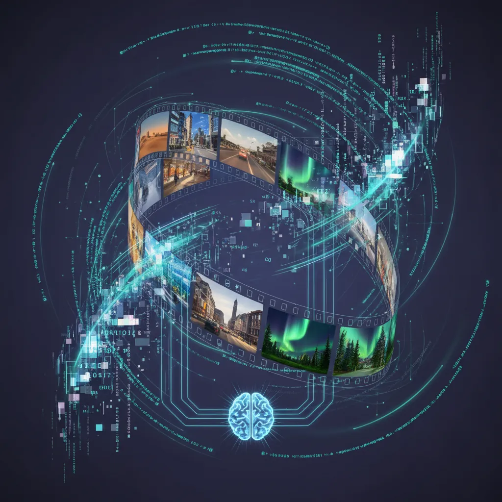 Abstract visual of text transforming into dynamic video frames, illustrating AI text-to-video generation.