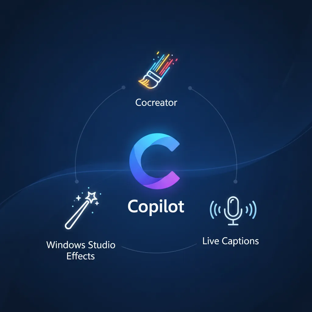 A creative suite of AI feature icons for Copilot+ PCs like Cocreator and Live Captions.