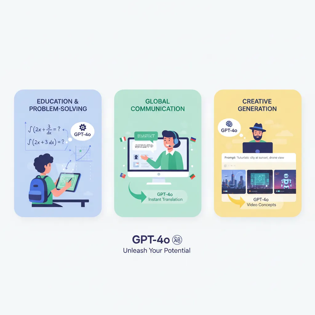 A graphic showing various use cases for GPT-4o, including education, customer service, and content creation.