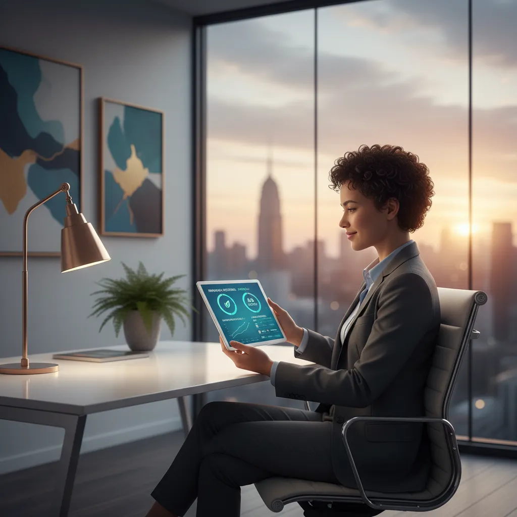 Person reviewing investment portfolio with impact metrics on a tablet.