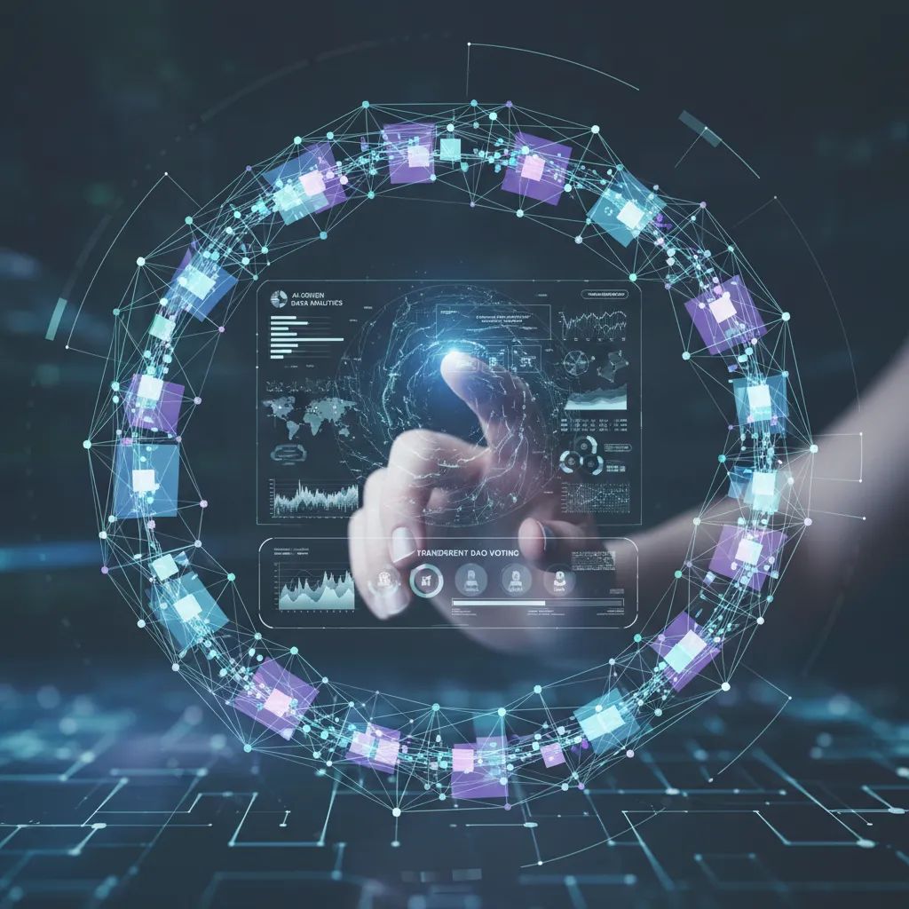 Human hand interacting with holographic AI interface for DAO voting