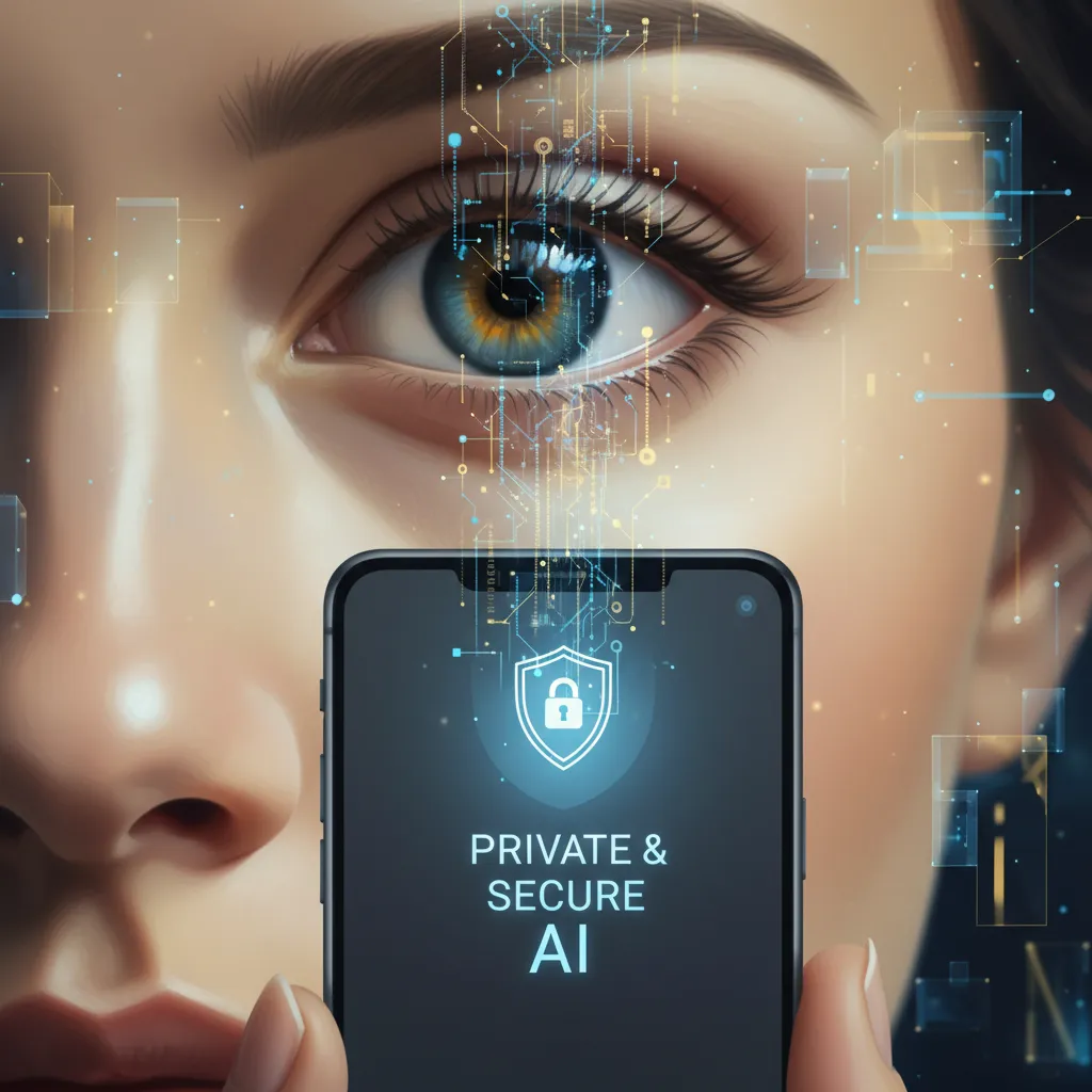 A human eye looking at a smartphone screen with secure data flow