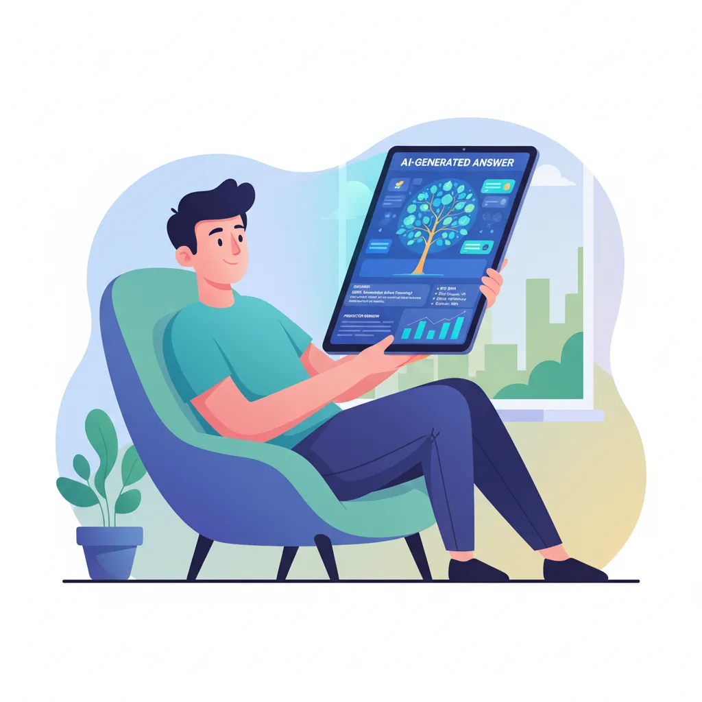 An illustration of a user happily receiving a quick, comprehensive answer from an AI-powered search engine on their tablet.