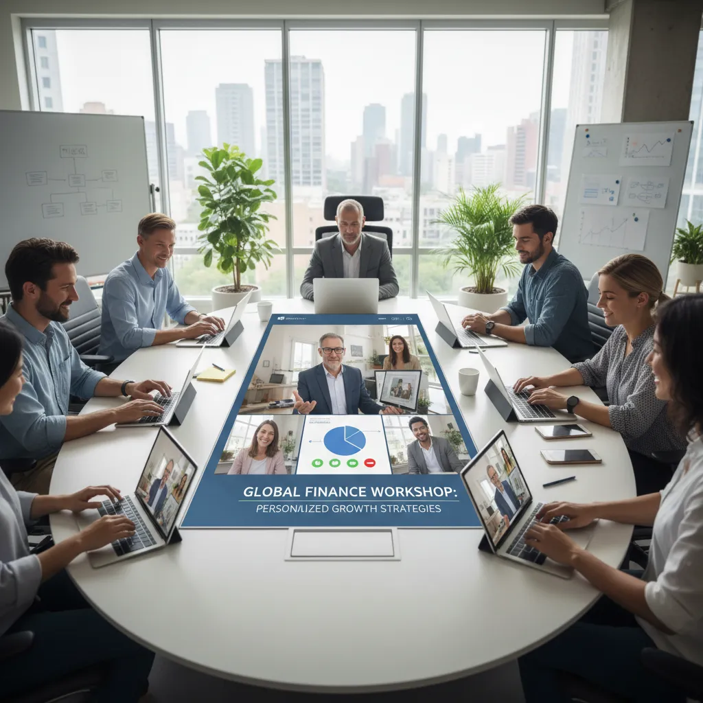 Diverse group in a virtual financial workshop with a remote financial advisor.