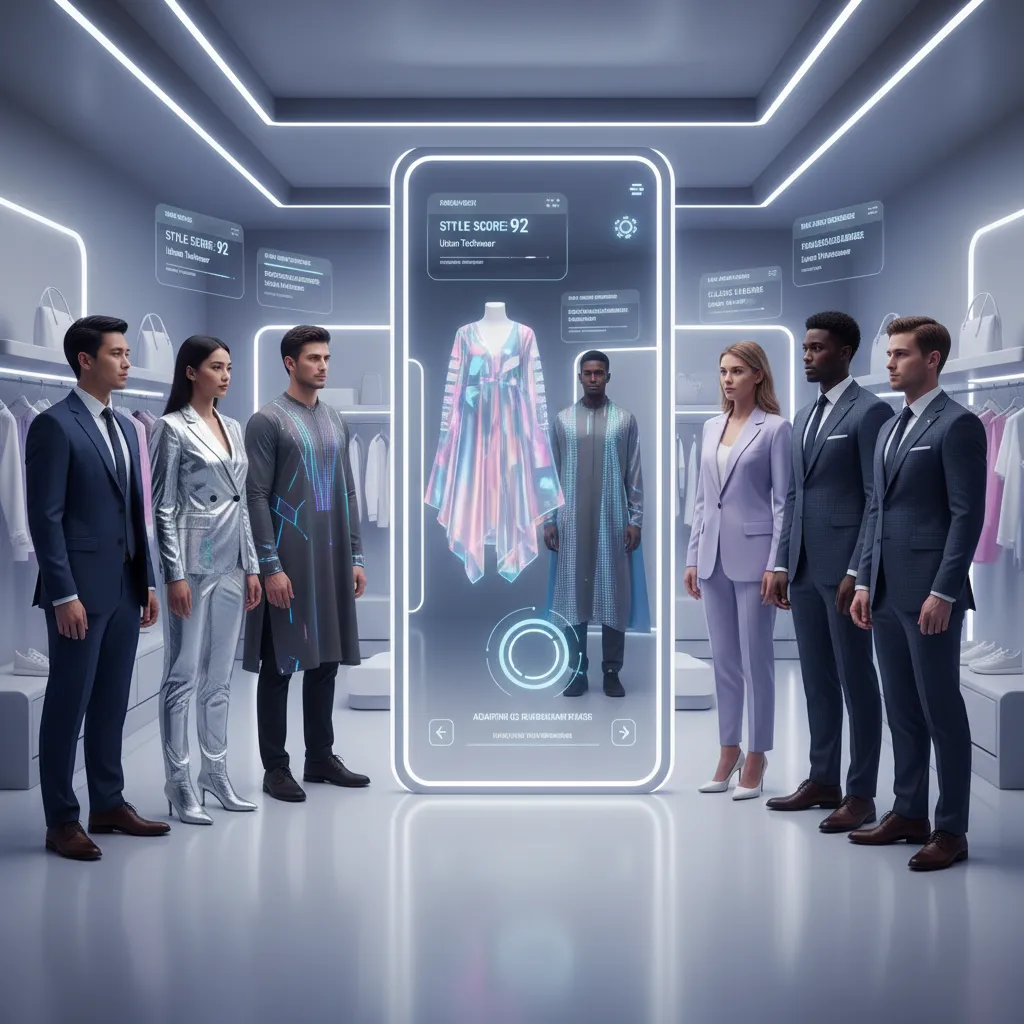 People using an AR mirror to virtually try on clothes with AI recommendations