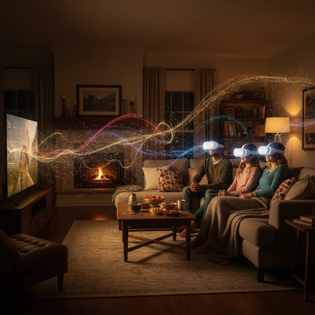 A family watching a 3D movie together in their living room, all wearing Apple Vision Pro headsets for an immersive experience.