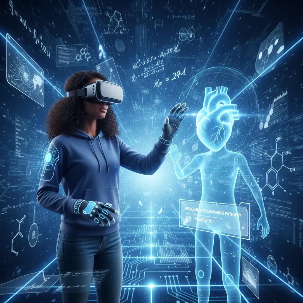 A student wearing VR goggles interacts with a holographic AI tutor, pointing at a complex molecular structure in an immersive virtual classroom.