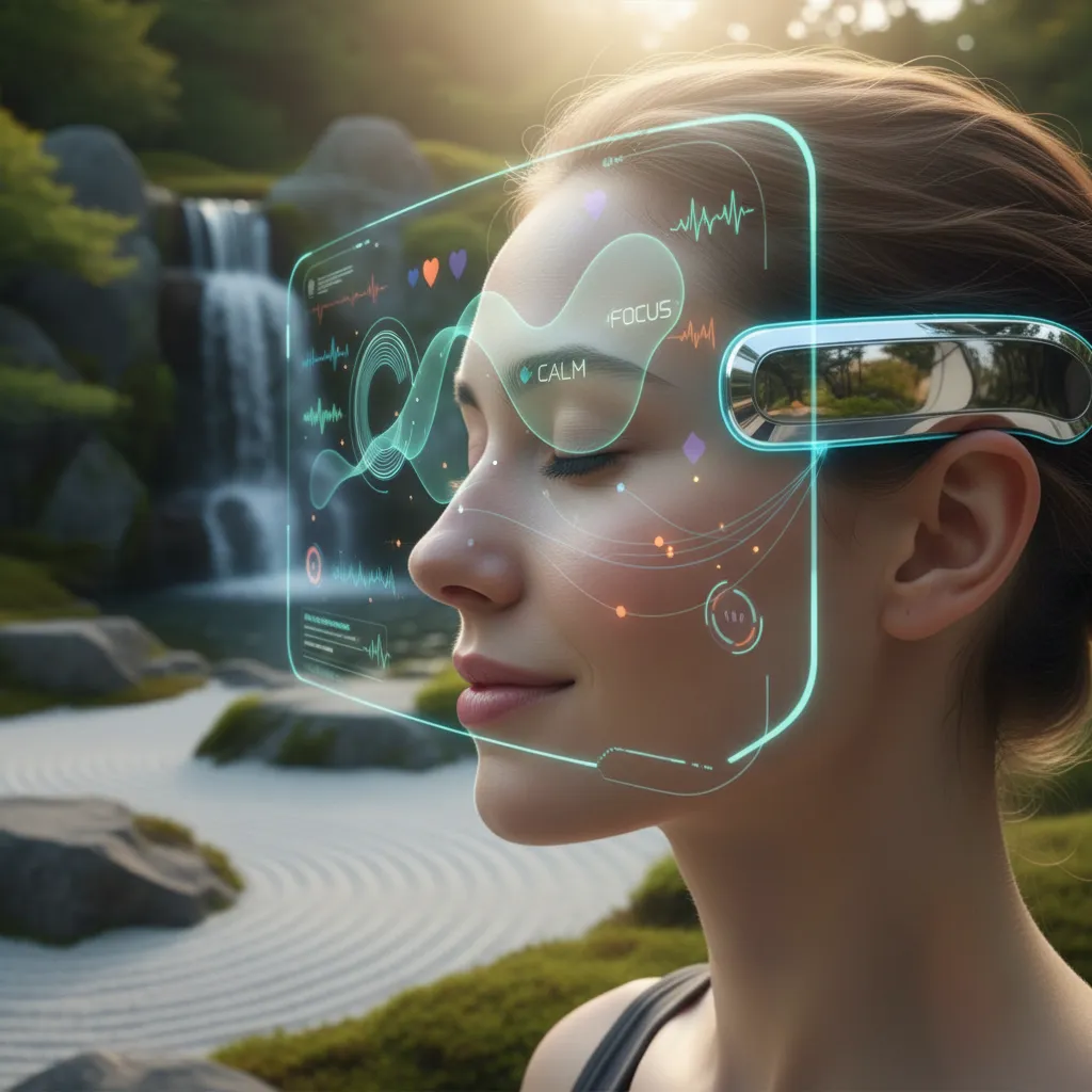 Person wearing a futuristic wearable device displaying stress and mood data in a calm setting