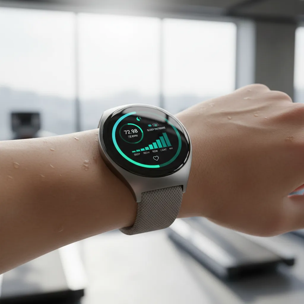 Close-up of a futuristic smartwatch displaying personalized health metrics.