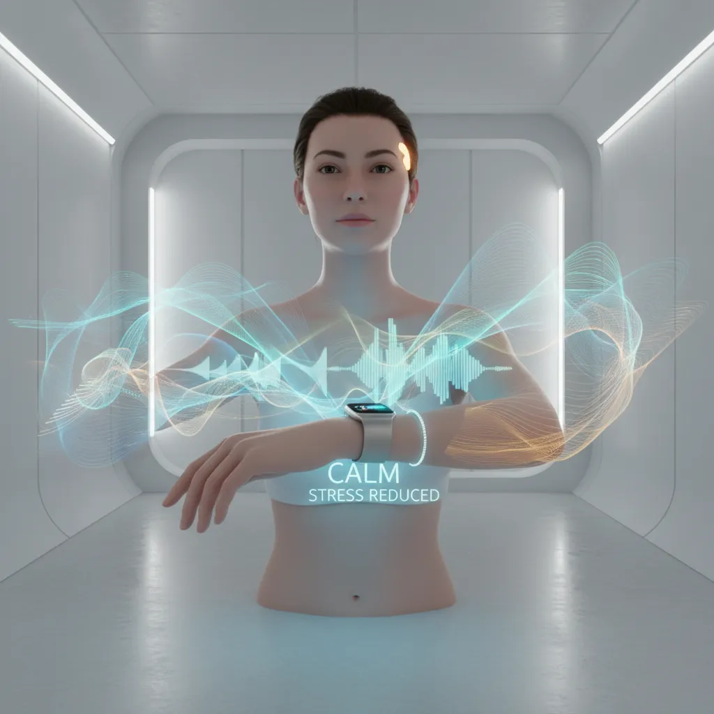 Person using wearable technology for stress monitoring and relief.