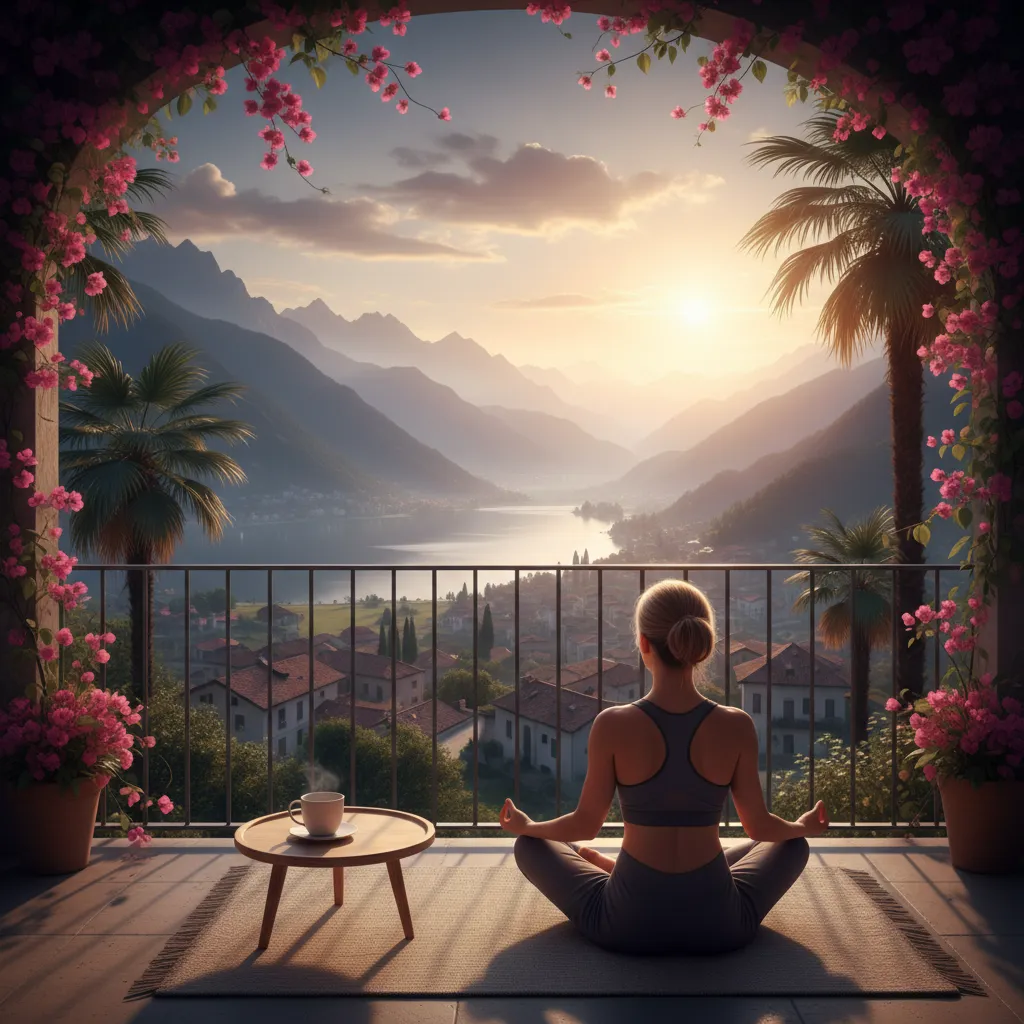 A person practicing yoga on a balcony with a scenic view, promoting wellness while traveling.