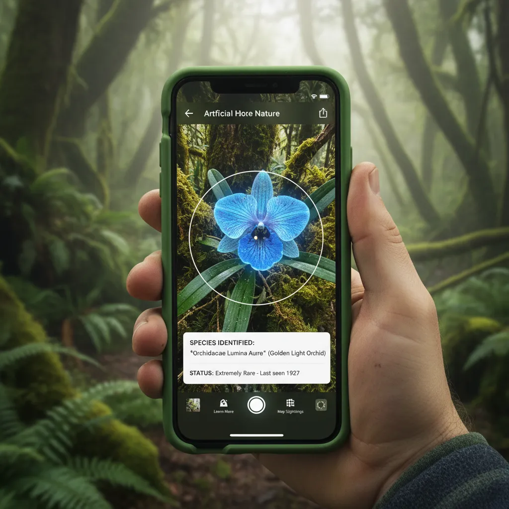 Smartphone app identifying a plant in a forest