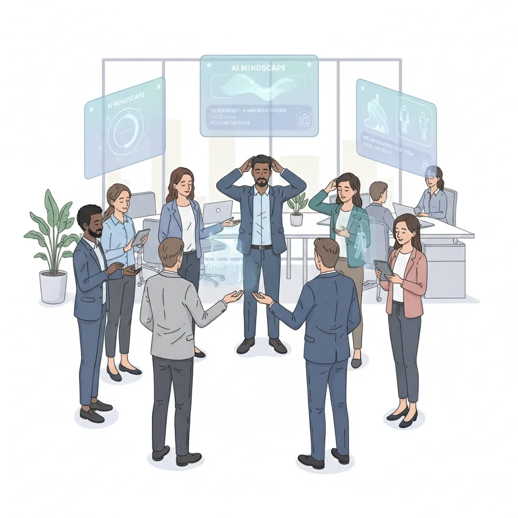 People in workplace doing AI-guided stress breaks