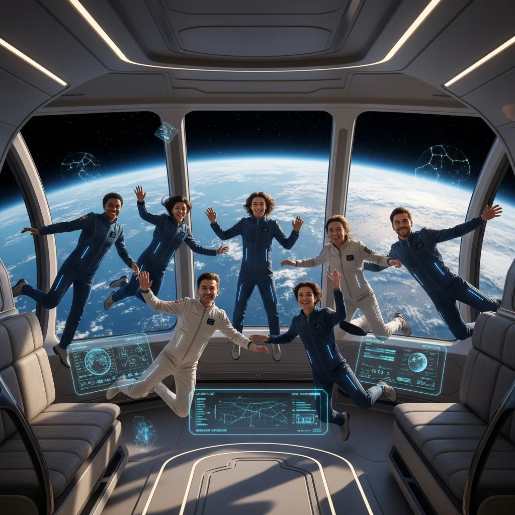 Tourists in space suits experiencing weightlessness in a luxurious space capsule with AI displays.